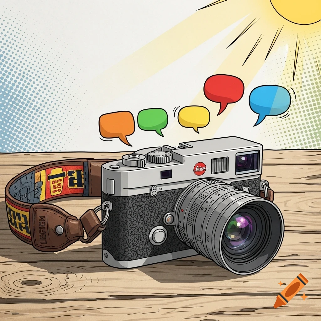 Comic illustration of a Leica M-Series camera with a strap, colorful speech bubbles, and a sun on a wooden table.
