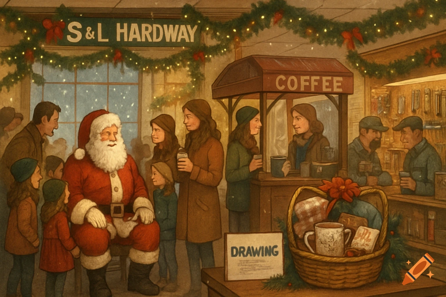 A bustling illustration of a hardware store at Christmas with Santa, children, adults drinking coffee, and a gift basket drawing. The store is decorated with garlands and lights.