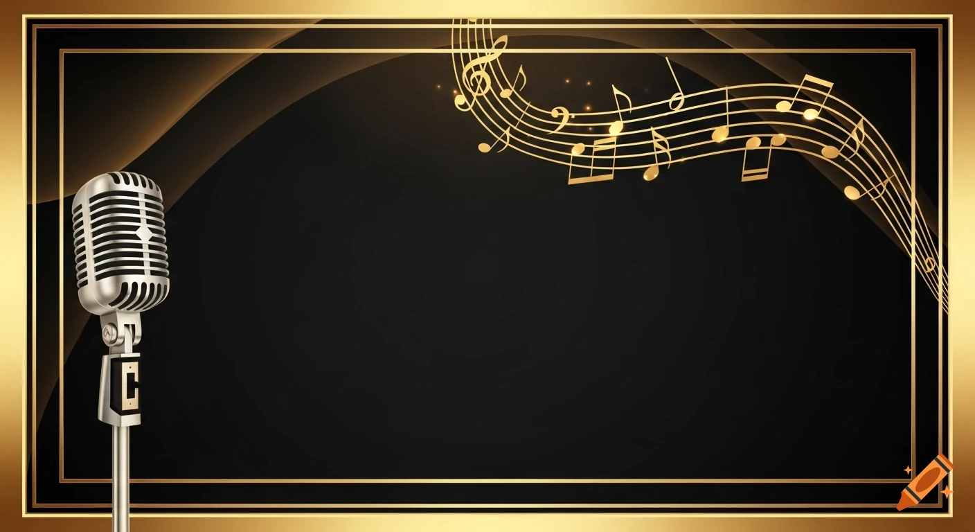 Art deco style black and gold background with a retro microphone and swirling musical notes.