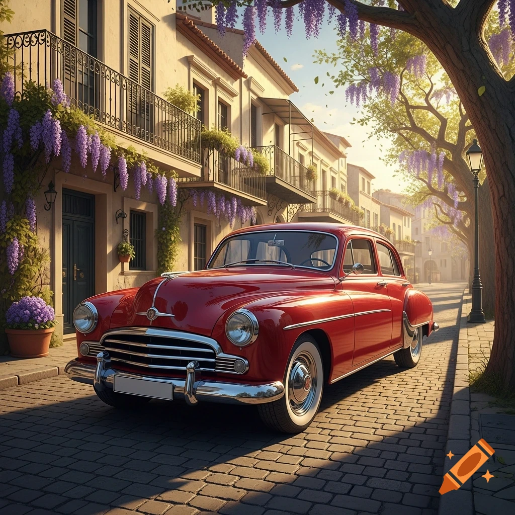A classic red car parked on a cobblestone street lined with buildings adorned with purple wisteria flowers under a sunny sky.
