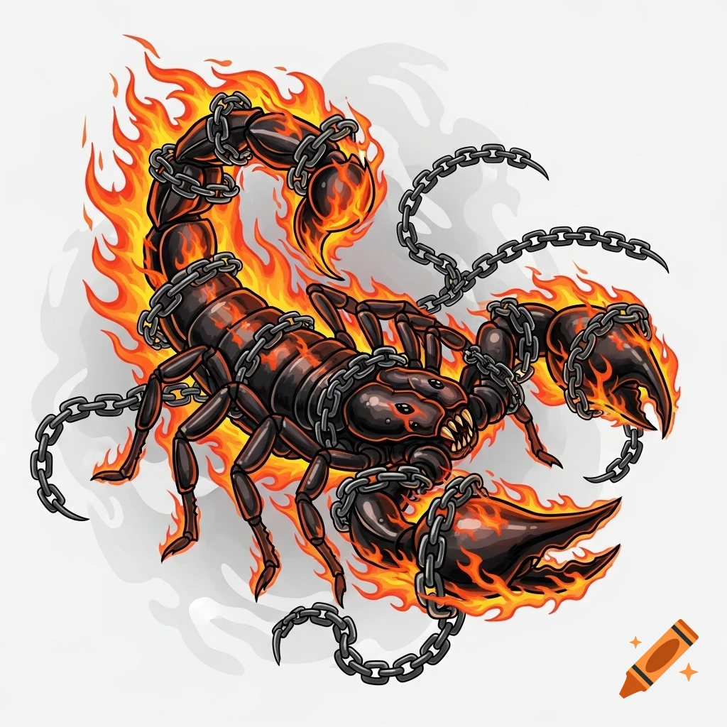 A stylized illustration of a black scorpion wrapped in chains, engulfed in bright orange flames, on a white background.