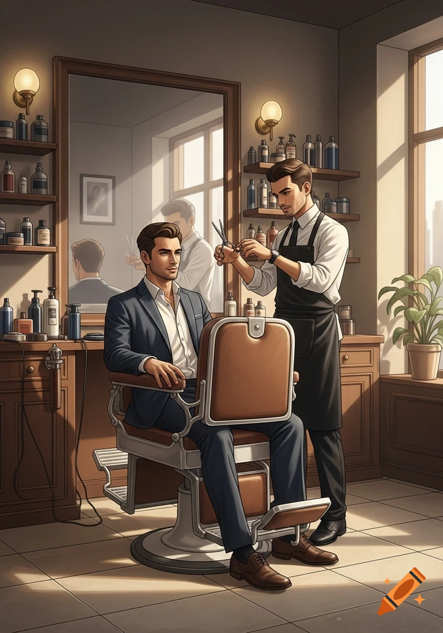 A detailed illustration of a man in a suit getting his hair cut by a barber in a vintage-style barbershop.