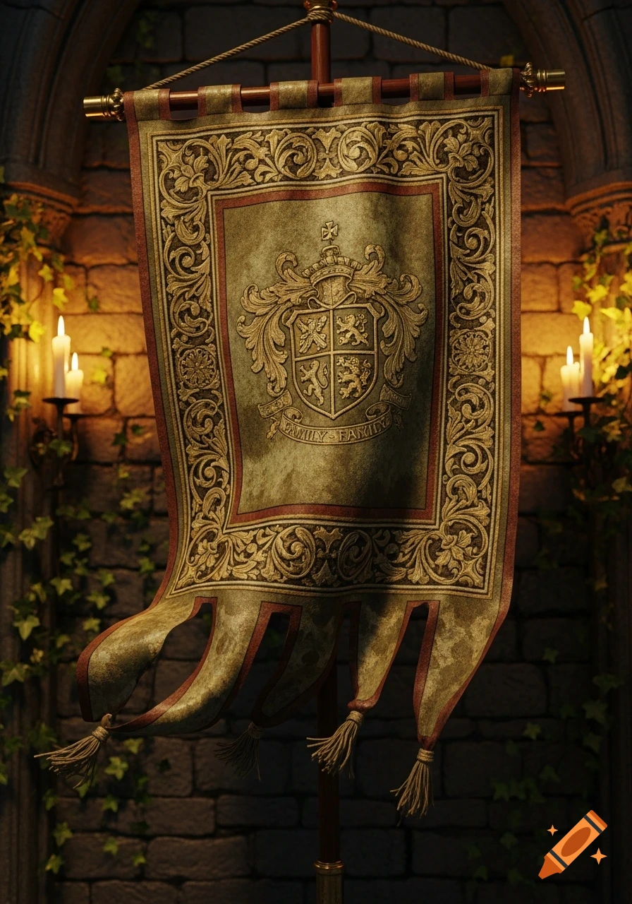 An ornate gold and red antique banner with a family crest, hanging in a dimly lit stone castle room with ivy.