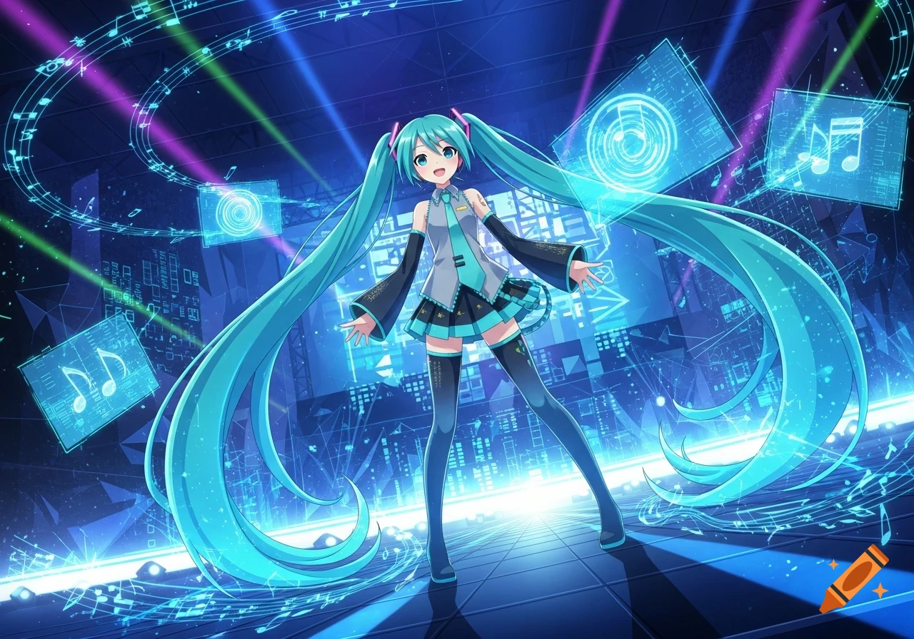 Hatsune Miku stands on a futuristic stage with glowing musical notes and digital light beams in an anime style.