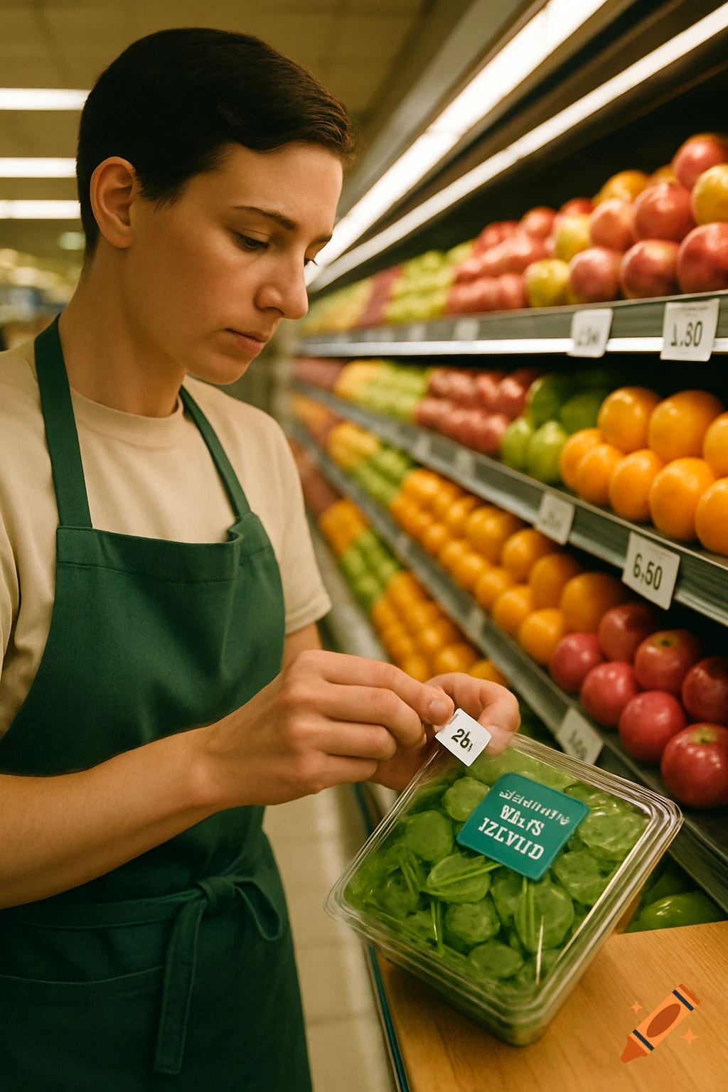 A person in a green apron attaches a price label to a container of spinach in a grocery store, with shelves of produce in the background.