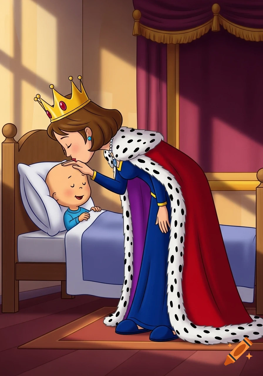 A cartoon queen in a red and blue gown and crown kisses a smiling baby's forehead in a royal bedroom.