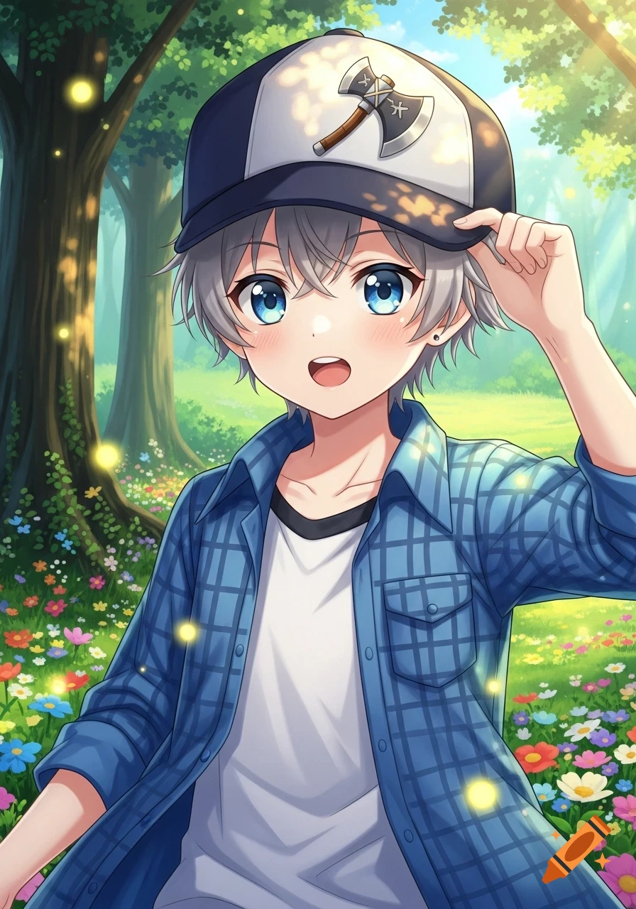 An anime boy with gray hair and blue eyes, wearing a blue plaid shirt and a baseball cap with an axe logo, in a magical forest.