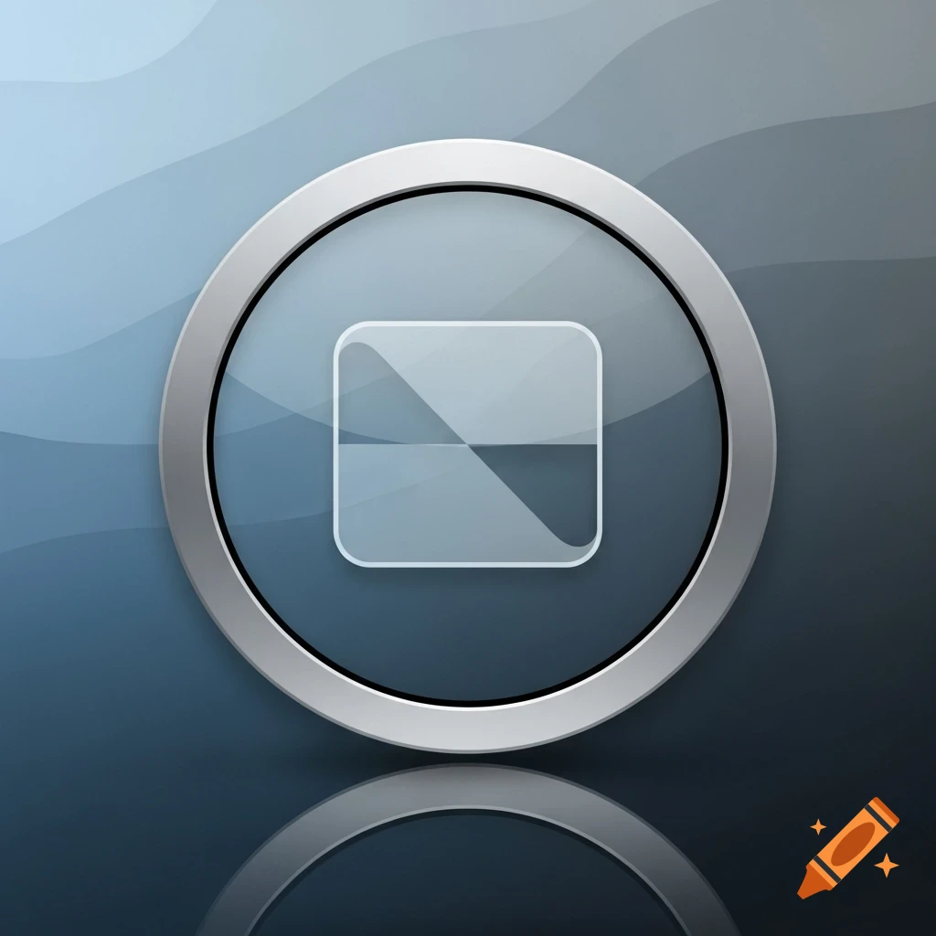 A shiny silver-ringed circle containing a clear glass-like rounded square, reflecting on a blurred blue-grey background.