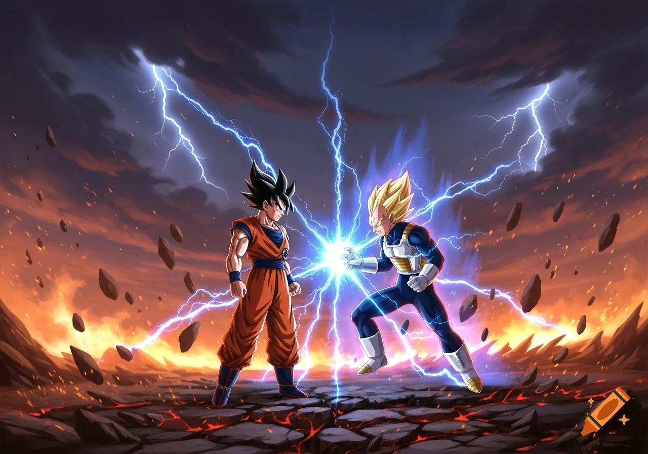 Goku and Vegeta face off in an epic anime battle, surrounded by lightning and a fiery, rocky landscape.