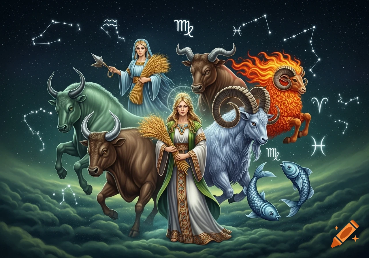 Fantasy artwork depicting two women in ancient attire amidst various zodiac animals like bulls, a ram, a goat, and fish, with constellation symbols in a starry sky over clouds.