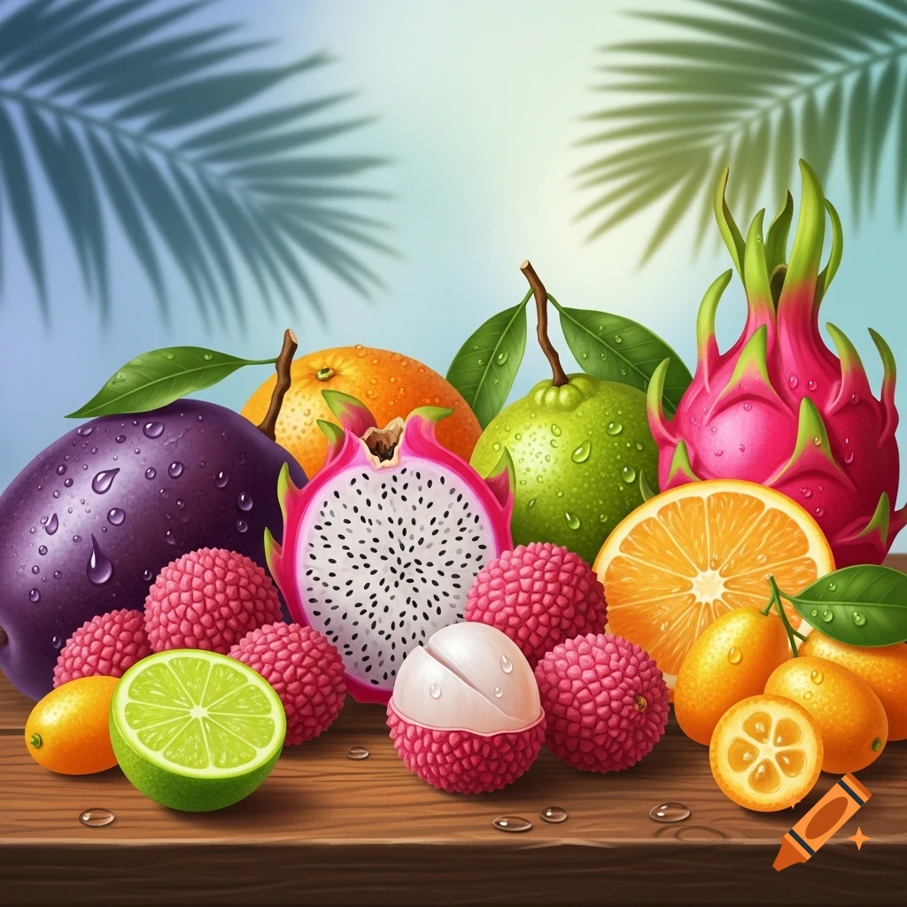 A vibrant still life of assorted tropical and niche fruits, including dragon fruit, lychee, kumquats, oranges, and a lime, with water droplets on a wooden surface.