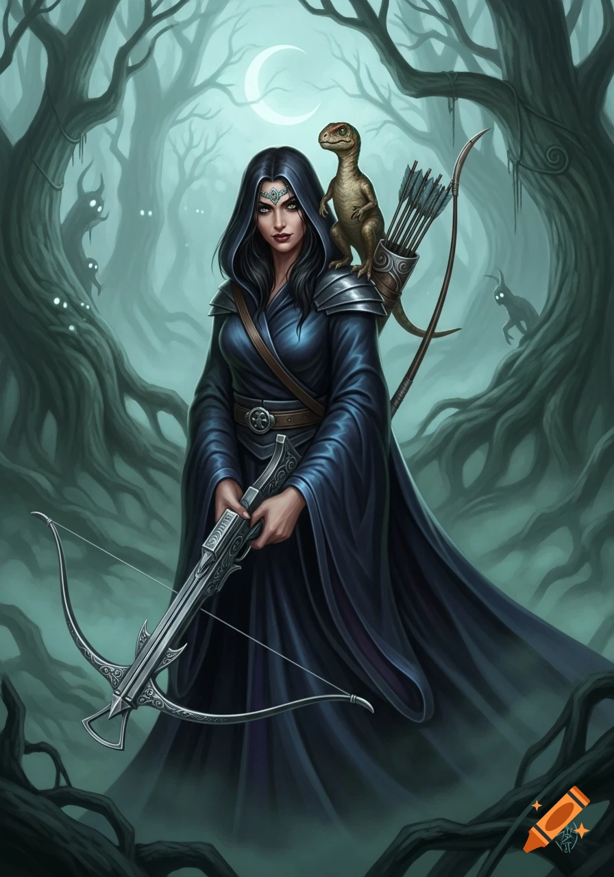 Dark fantasy huntress in a hooded robe holds a crossbow, a small dinosaur on her shoulder, in a misty, moonlit forest.