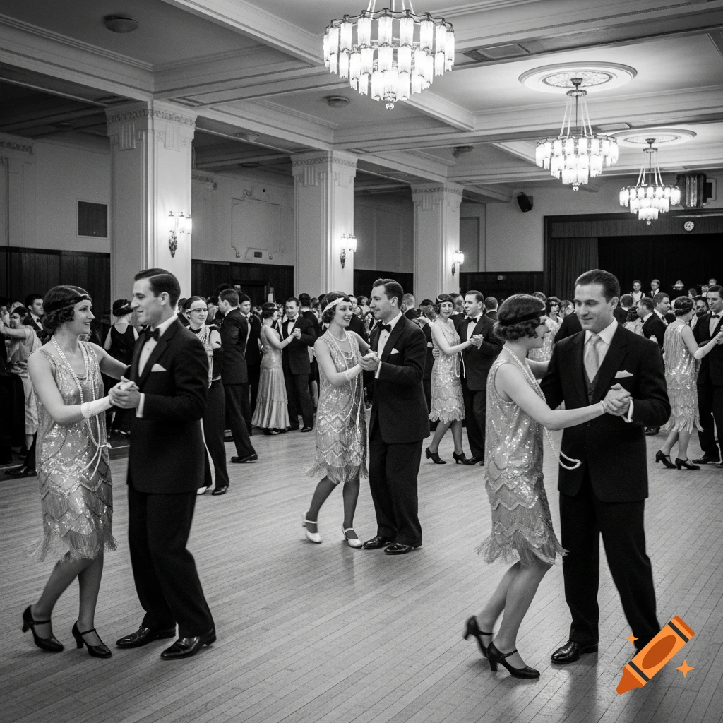 Black and white photograph of couples in 1920s flapper attire and suits dancing in a grand ballroom with chandeliers.