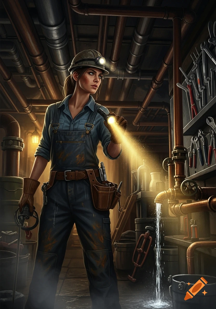 A female plumber in overalls and a hard hat shines a flashlight on a leaking pipe in a dimly lit industrial room.