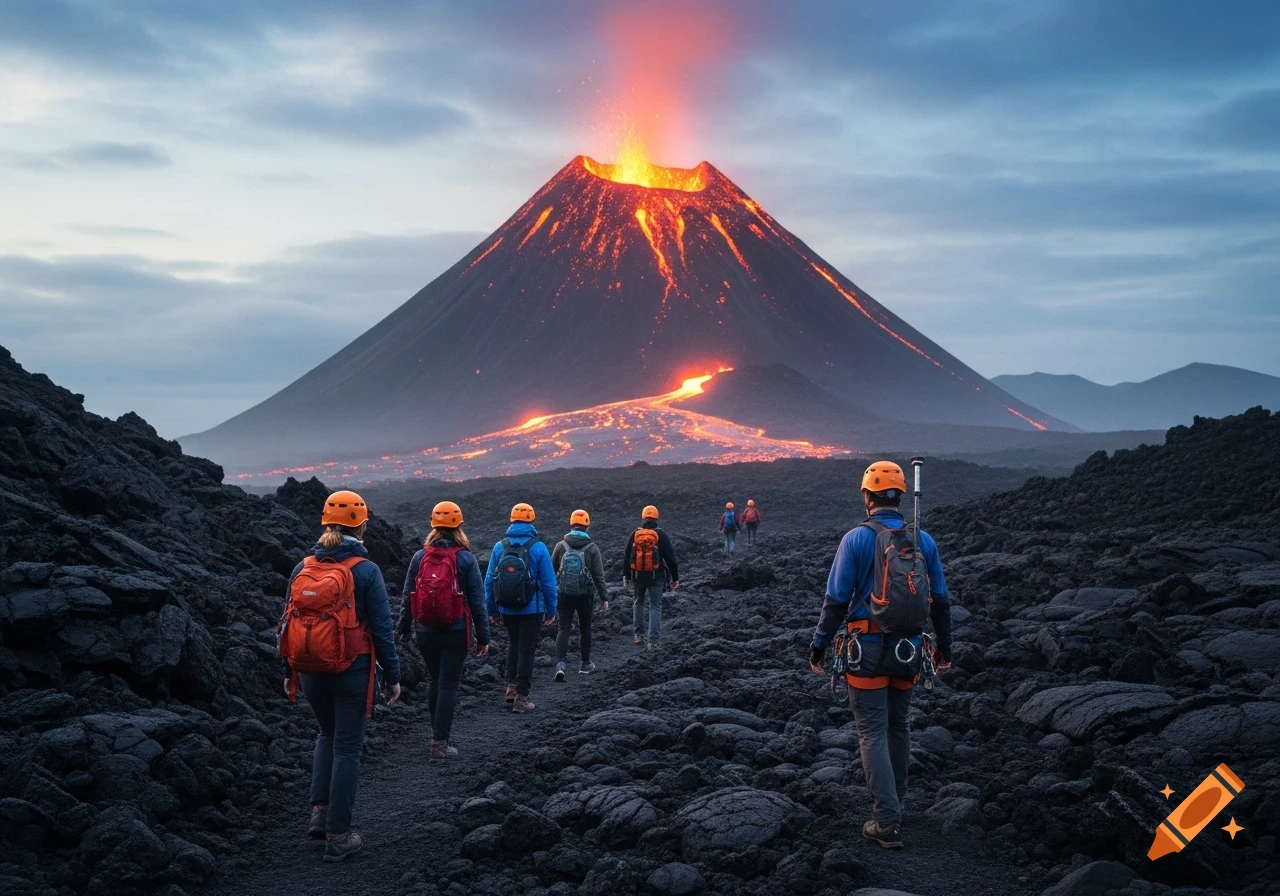 A group of hikers with helmets and backpacks walks on dark volcanic rock towards an erupting volcano with glowing lava.