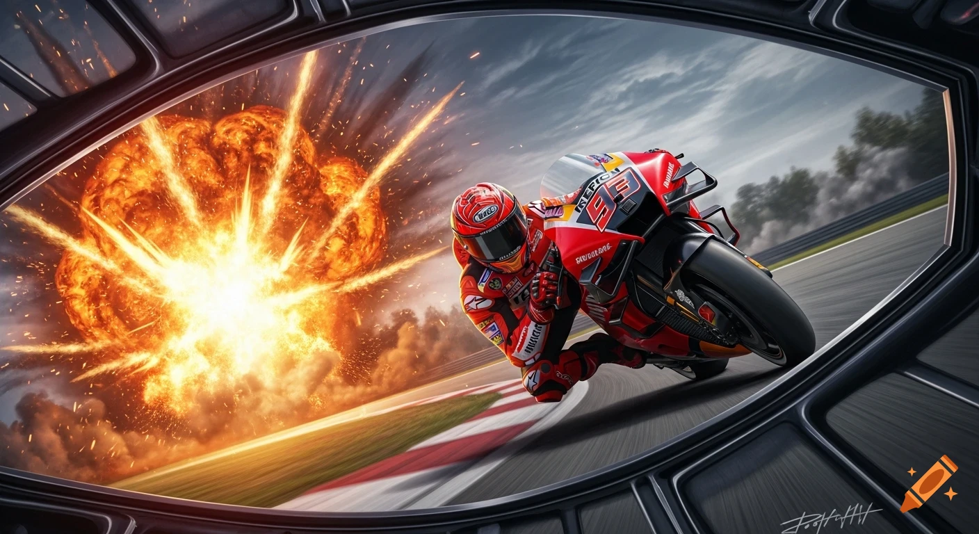 A dynamic, photorealistic image of a motorcycle rider in red gear leaning into a turn on a track, riding away from a large explosion.