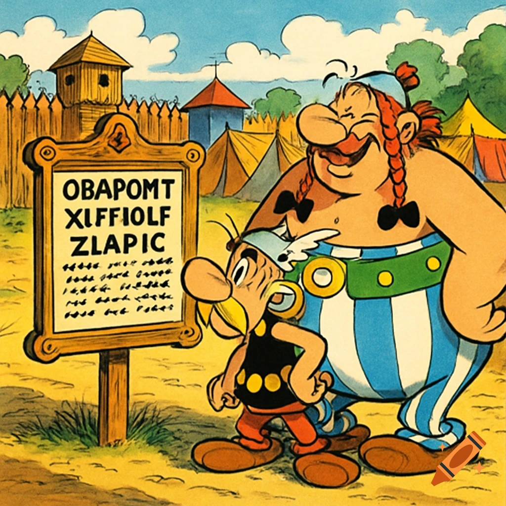 Asterix and Obelix, in comic style, stand before a sign with fantasy text, a Roman camp with tents and a watchtower behind them.