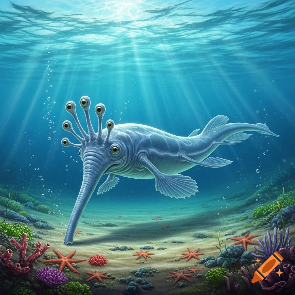 A blue, multi-eyed Opabinia-like creature with a long proboscis swims above a colorful coral reef under sunlit water.