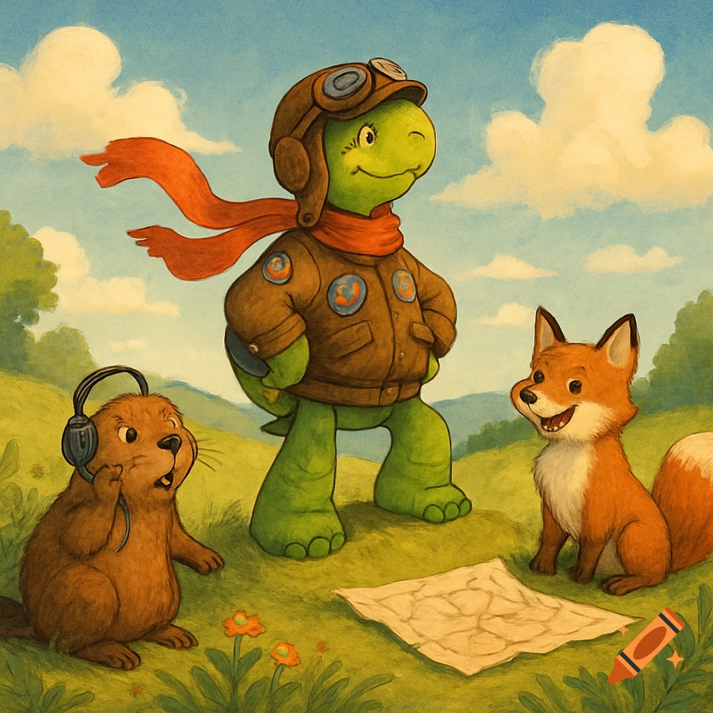 Franklin the turtle in pilot gear, a beaver with headphones, and a fox look at a map on a grassy hill. Children's illustration.