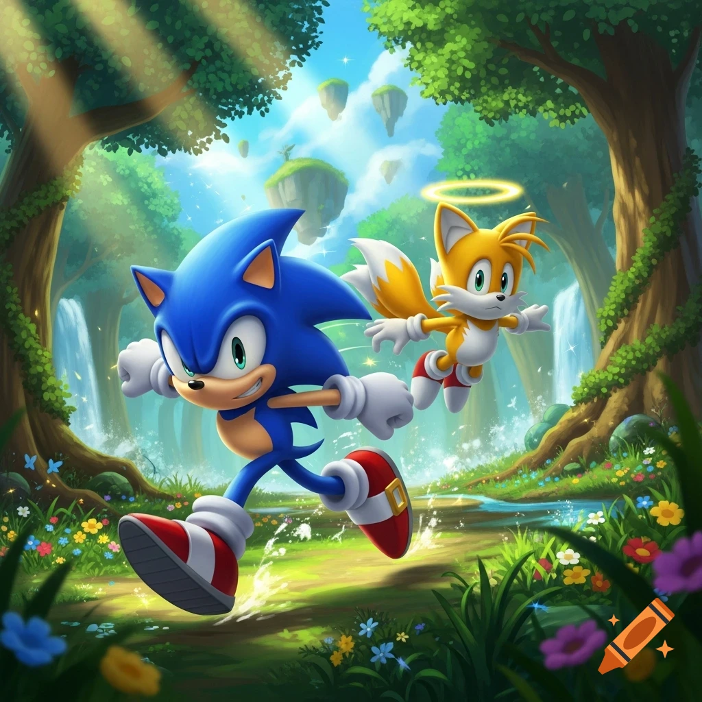 Sonic the Hedgehog and Tails running through a vibrant fantasy forest with waterfalls and floating islands.