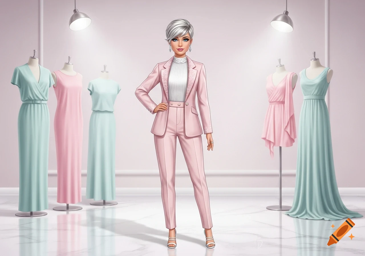 A stylized woman with short silver hair and a pink pantsuit stands between mannequins displaying pastel dresses in a brightly lit room.