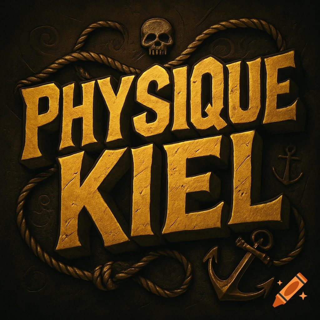 A dark gold logo with the words "PHYSIQUE KIEL" in a textured, bold font, surrounded by rope, a skull, and anchors, in the style of The Goonies.
