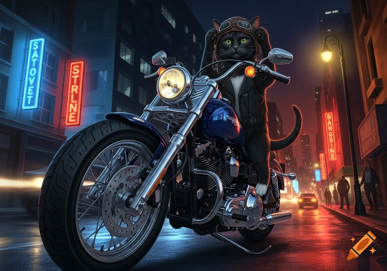 A black cat in a leather jacket and aviator goggles sits on a blue motorcycle at night on a wet city street, with neon signs glowing in the background.