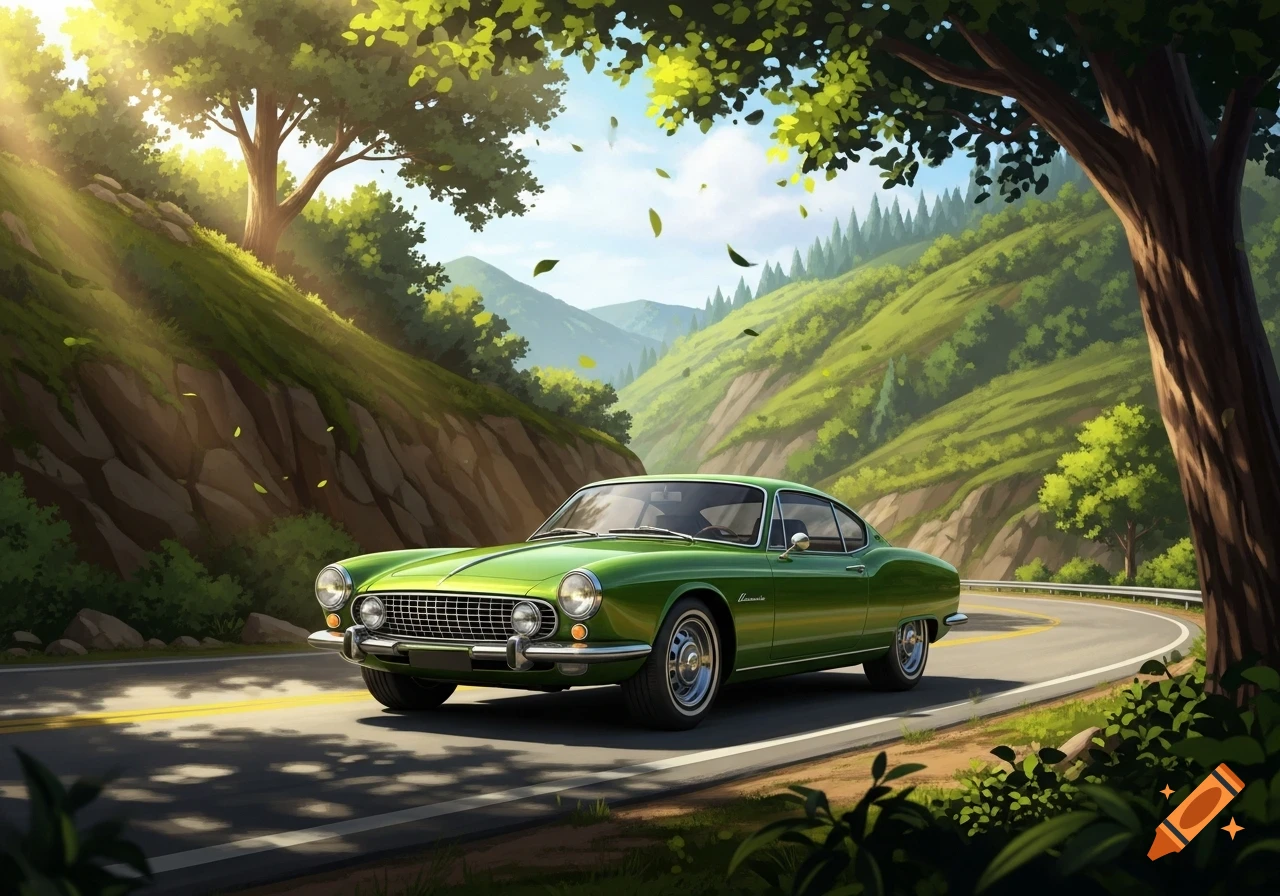 A vibrant green classic car drives on a winding mountain road with sunlit trees and falling leaves, in an illustrative style.