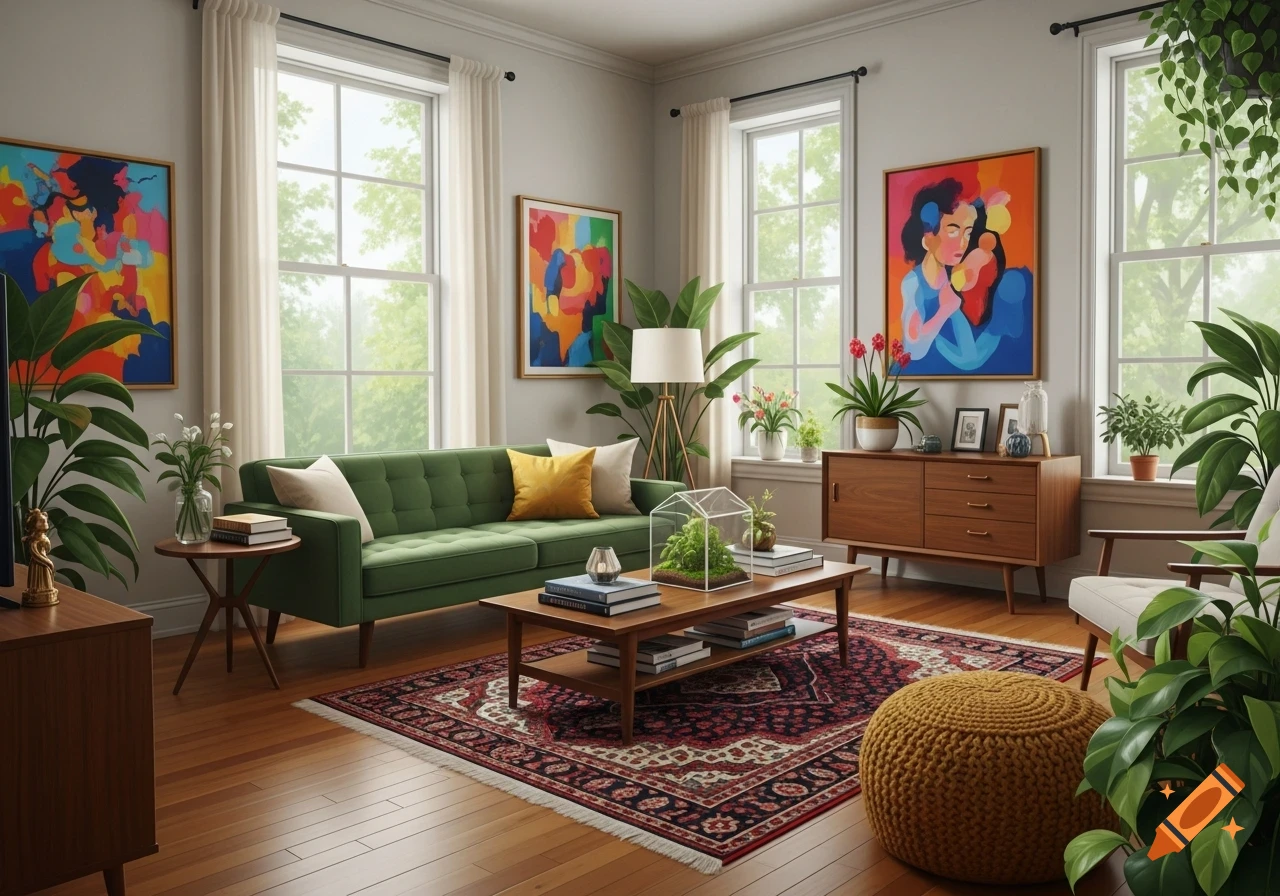 Bright living room with a green sofa, wooden coffee table and cabinet, large windows, abstract art, and lush plants.