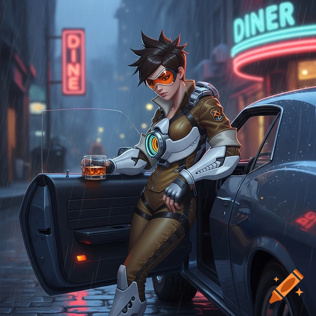 Tracer from Overwatch, holding a drink, leans against a car on a rainy city street with neon signs in an anime art style.