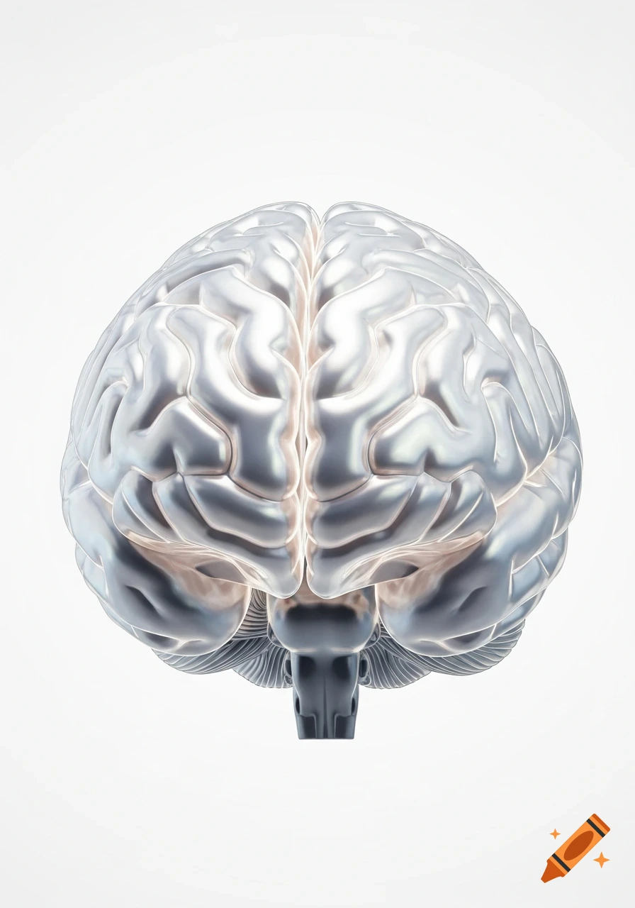 A stylized, shiny silver human brain with a luminous central fissure, isolated on a white background.