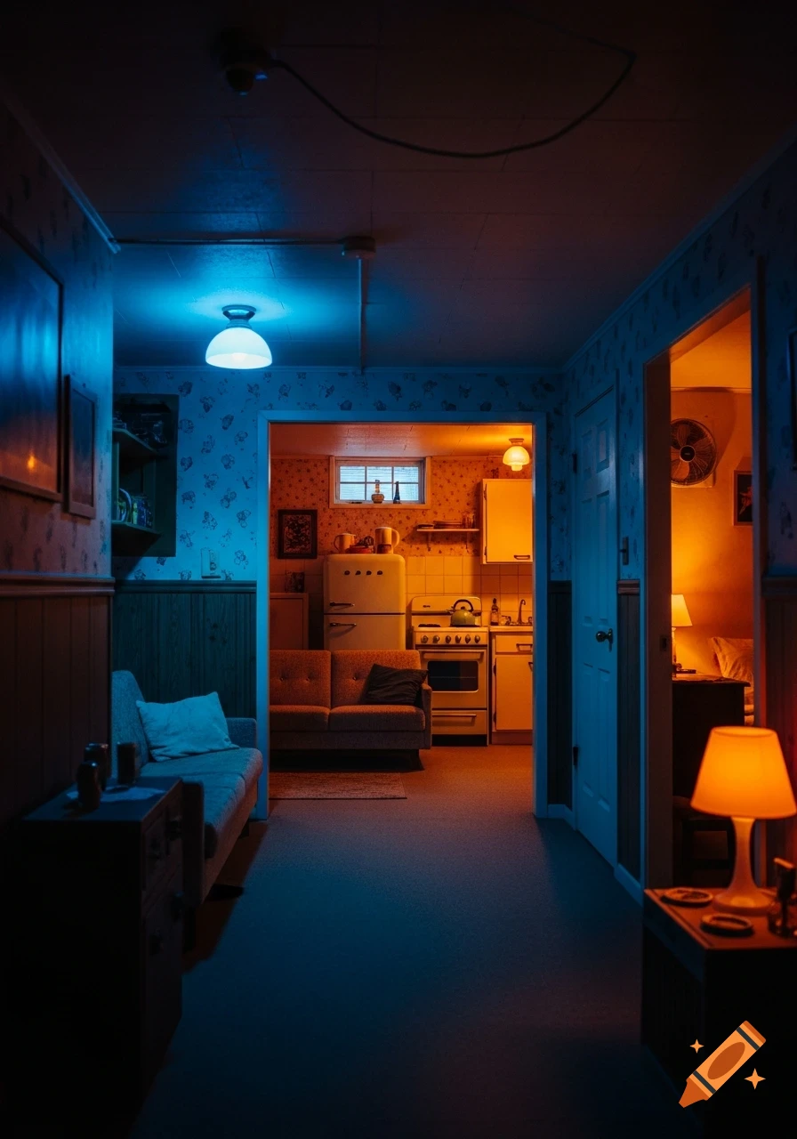 Dimly lit basement interior with a hallway, blue ceiling light, and an orange-lit kitchen with a sofa and appliances.