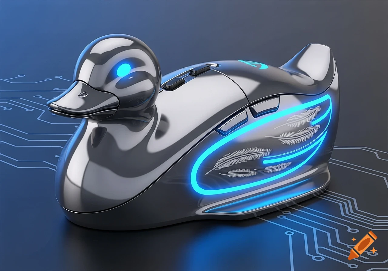 A sleek, metallic, chrome-finished computer mouse shaped like a duck, featuring blue LED lights and feather patterns, rests on a circuit board background.