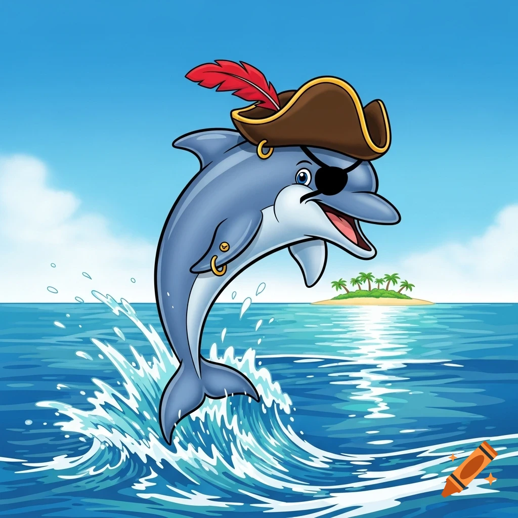 A cartoon pirate dolphin jumps out of blue ocean waves with a tropical island in the background.
