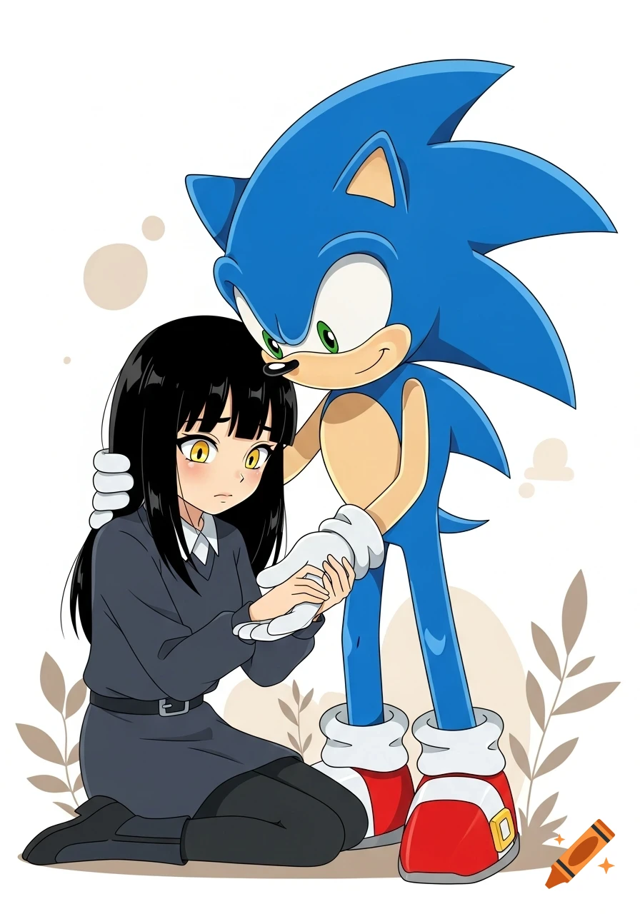 Anime drawing of Sonic the Hedgehog comforting a black-haired girl with yellow eyes, who is kneeling while he holds her hands.