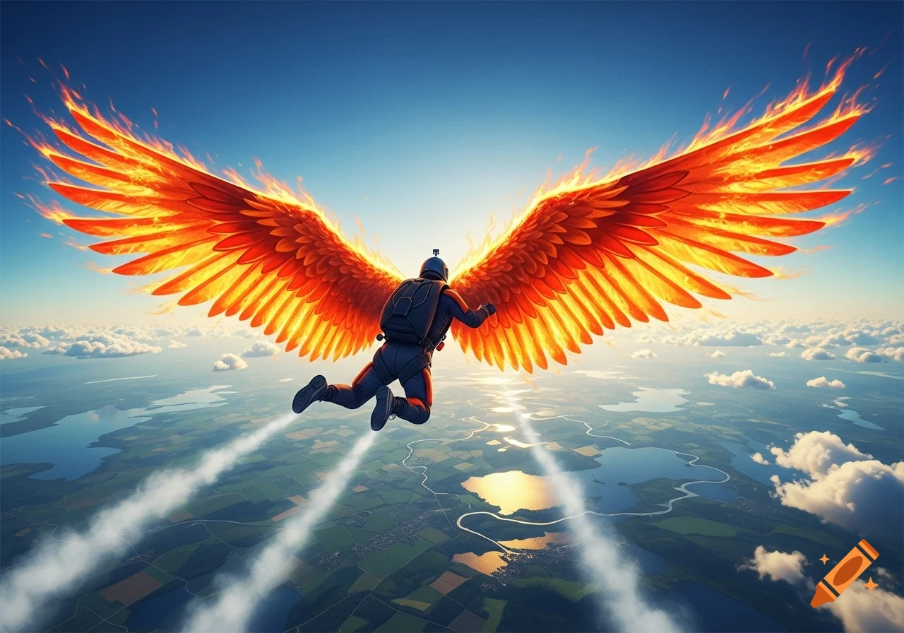 A skydiver with large, fiery wings soars high above a landscape of lakes and fields under a clear blue sky.