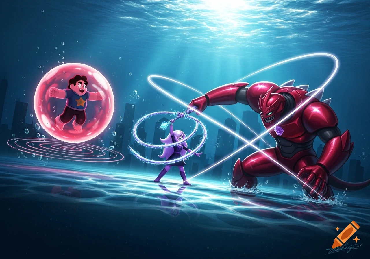 Steven in a red bubble, Amethyst fighting a red monster with her whip underwater, cartoon style.