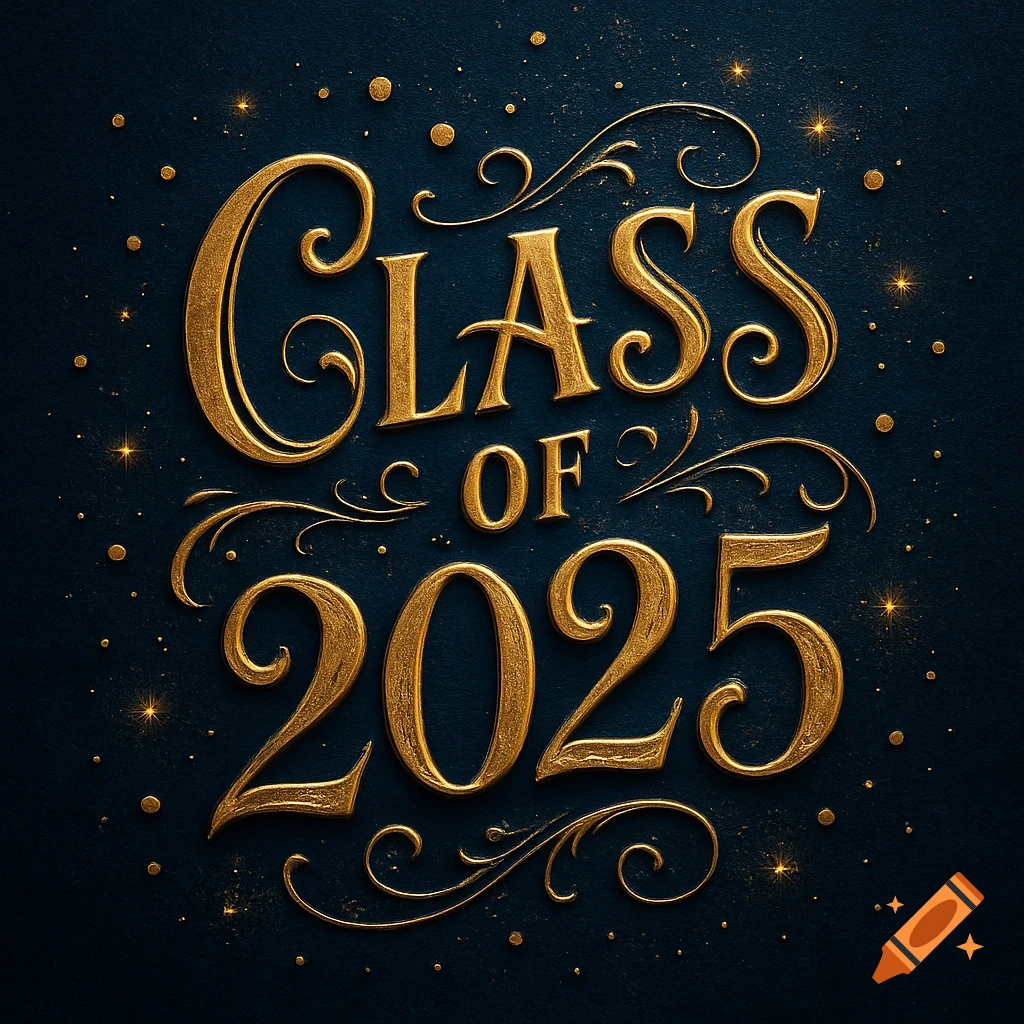 Ornate golden 'Class of 2025' text with sparkling accents on a dark blue background.