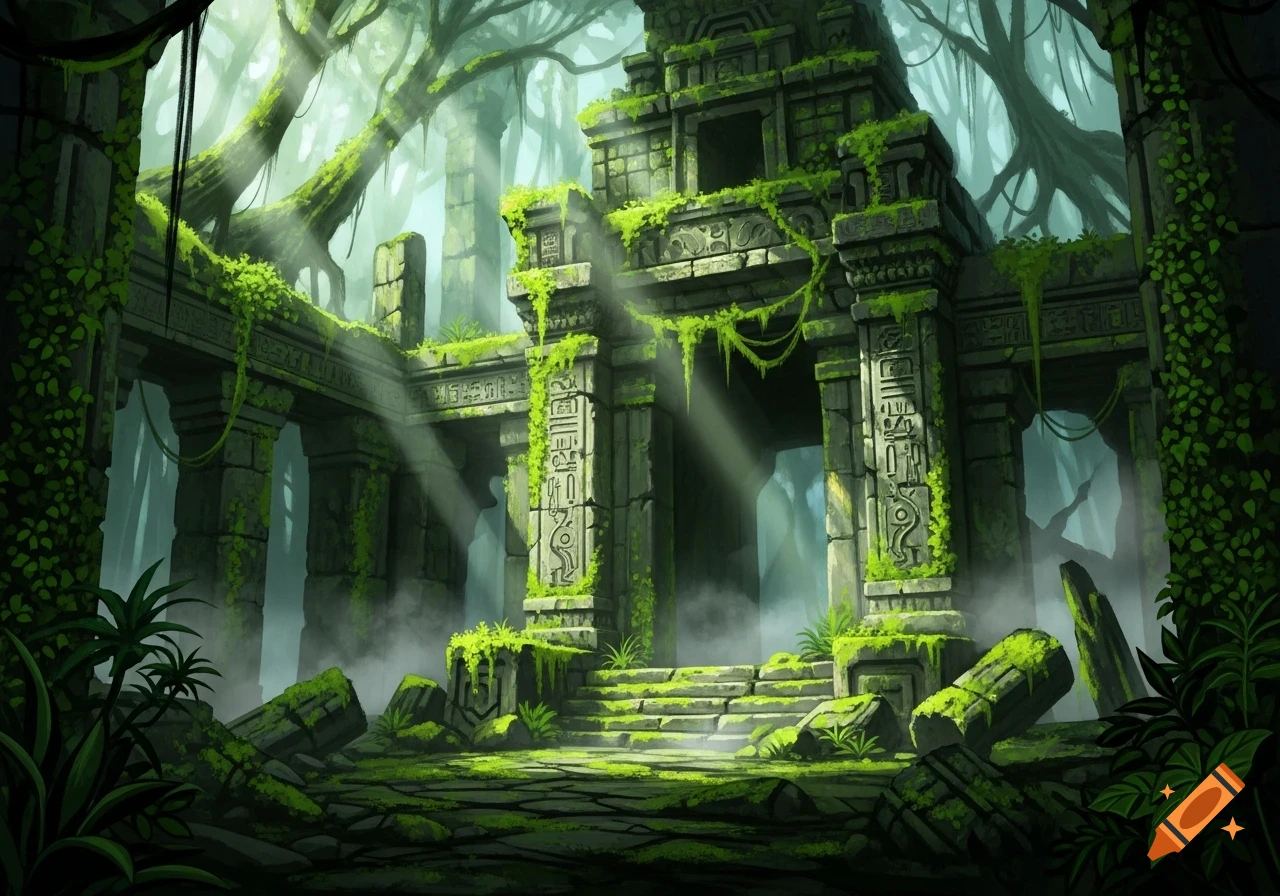 Lush green ancient jungle ruins with sunlight filtering through the canopy, illuminating overgrown stone structures and steps.