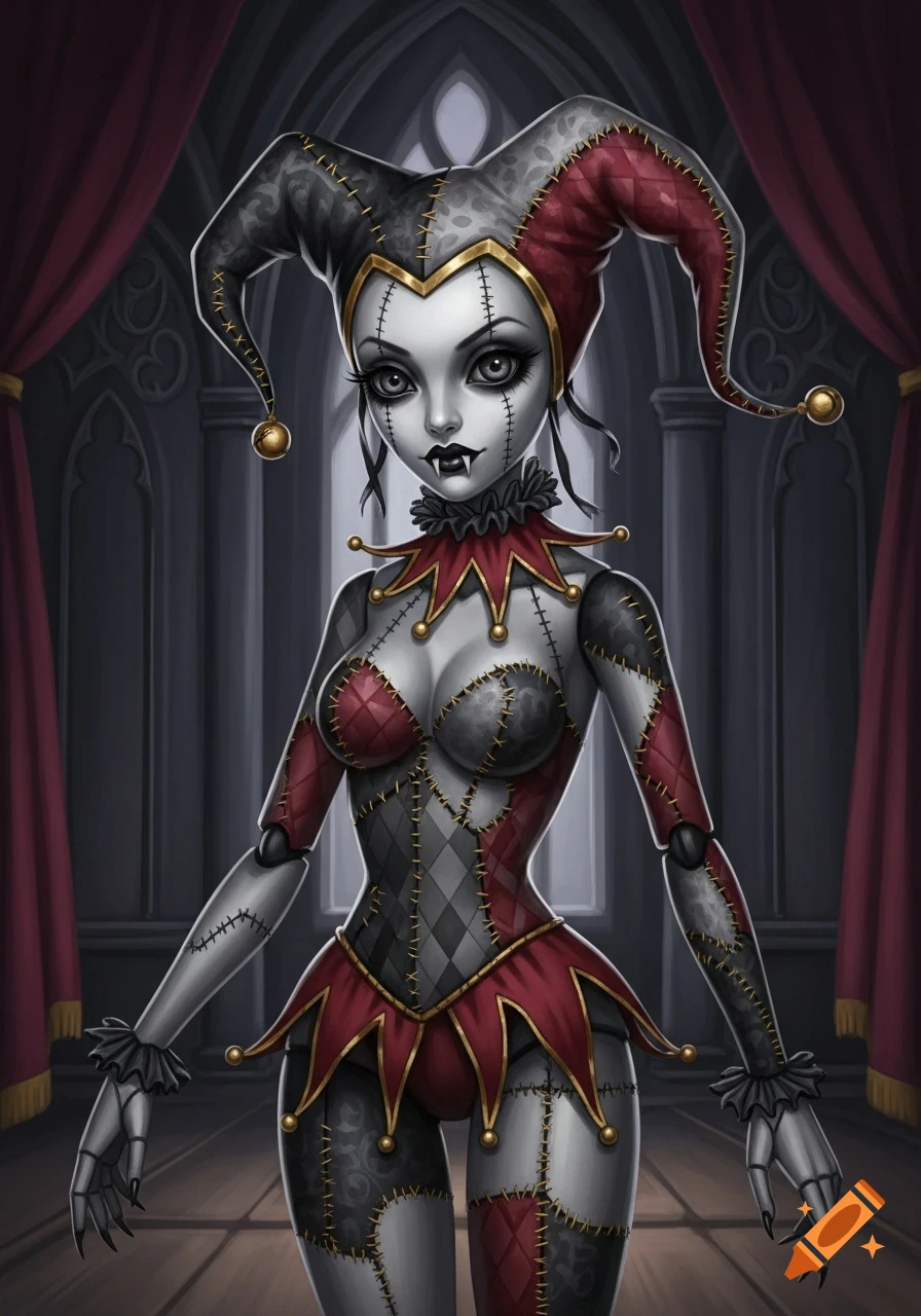 Gothic patchwork doll in a jester's costume with fangs, black, red, and gold colors, standing in an ornate dark room.