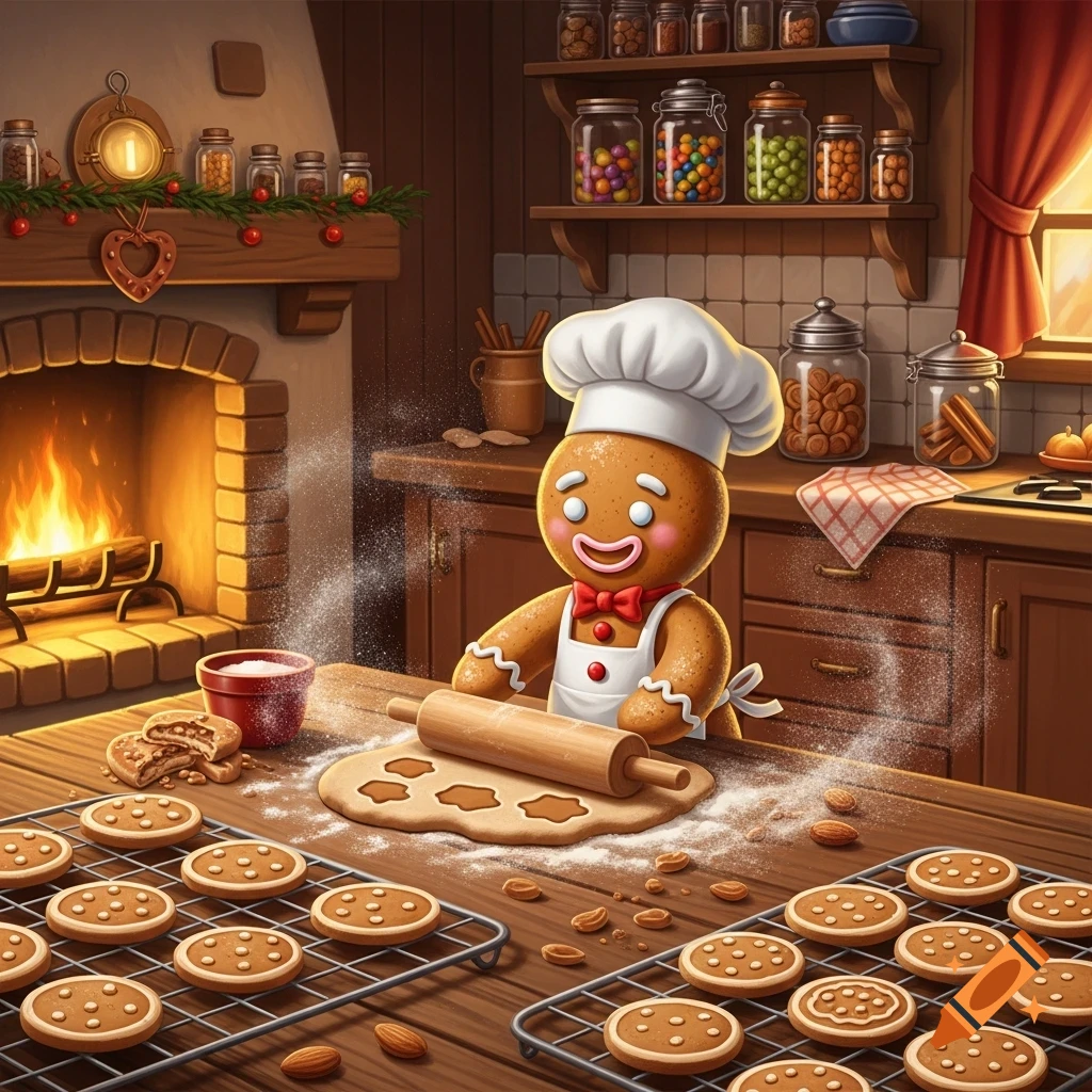 A happy gingerbread man in a chef's hat and apron rolls out cookie dough on a flour-dusted wooden counter in a cozy, festive kitchen with a warm fireplace.