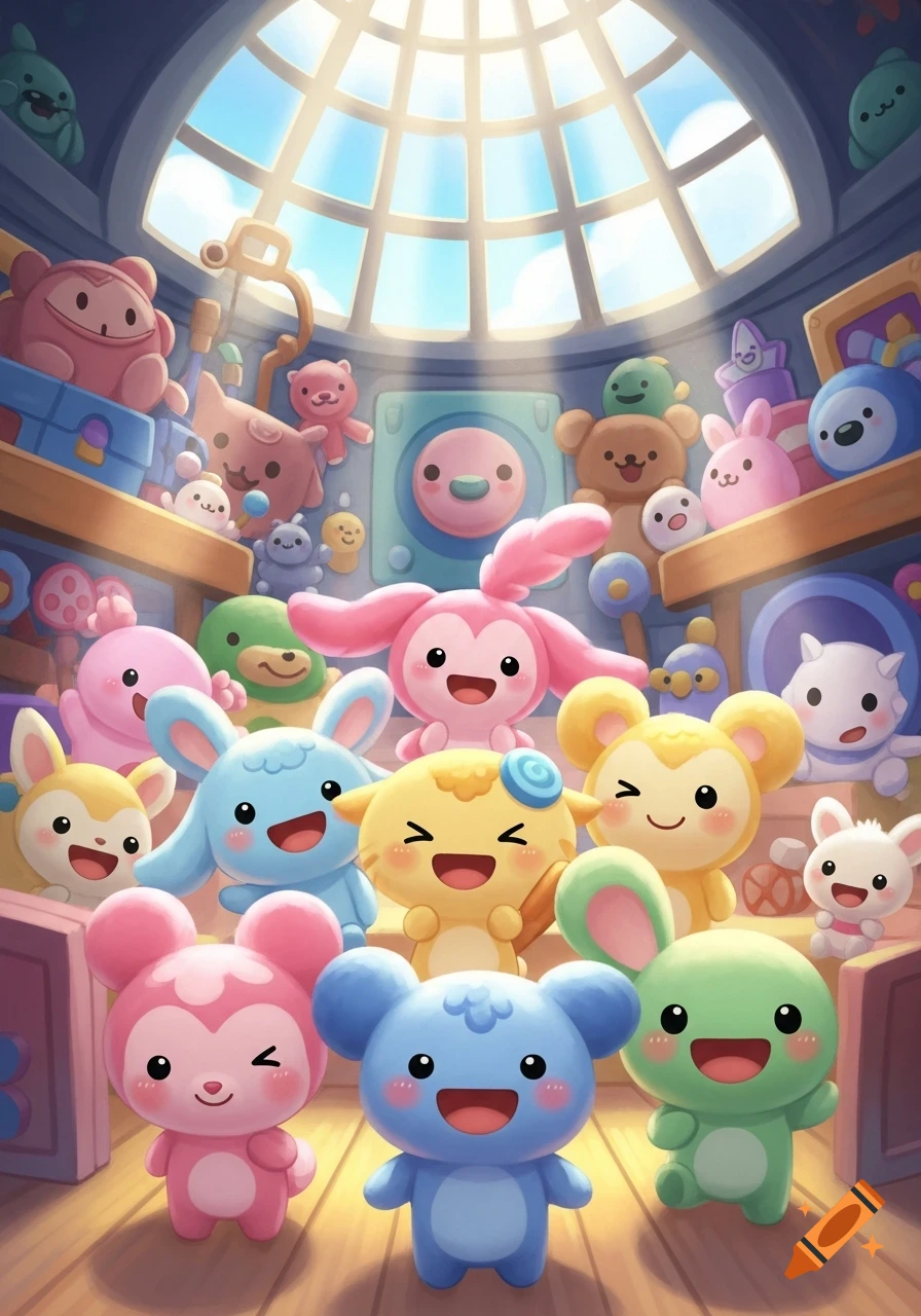 A vibrant illustration of many cute, smiling cartoon animal characters, resembling plush toys, gathered in a sunny room.