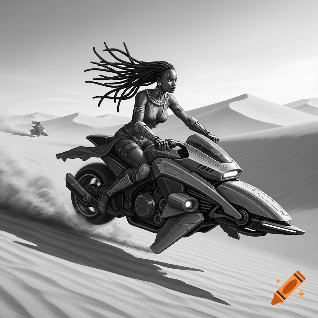 African female warrior with dreadlocks rides futuristic hoverbike across a black-and-white desert. Another rider in the distance.