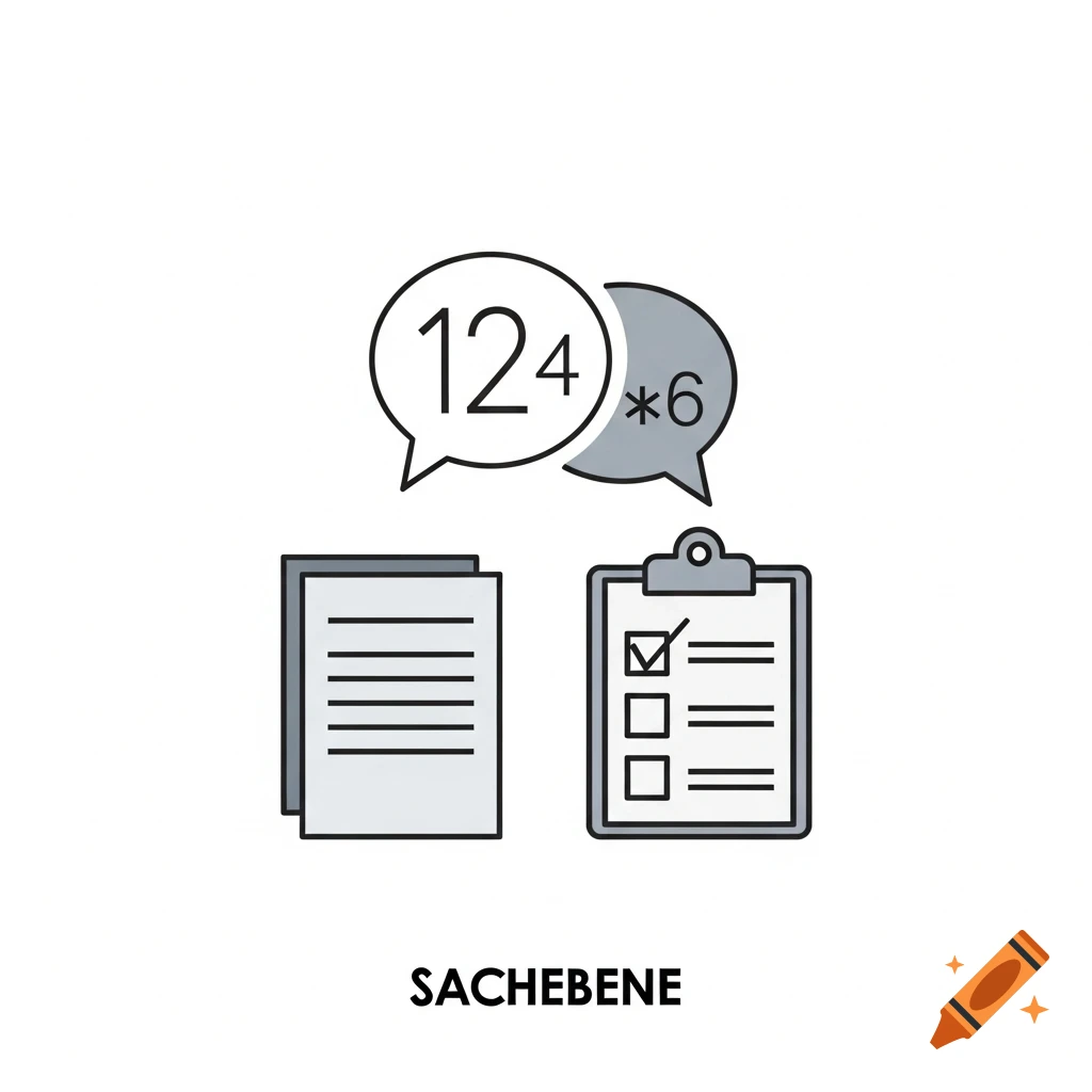 A pictogram featuring speech bubbles with numbers, a stack of papers, a clipboard with a checklist, and the word 'SACHEBENE'.