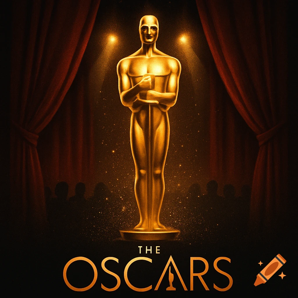 A golden Oscar statue stands on a stage with red curtains and spotlights, with "THE OSCARS" text below.