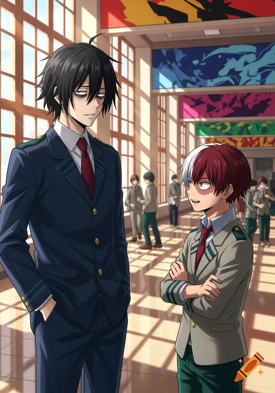 An anime illustration of a tall man with black hair and eyebags talking to Shoto Todoroki in a bright school hallway.
