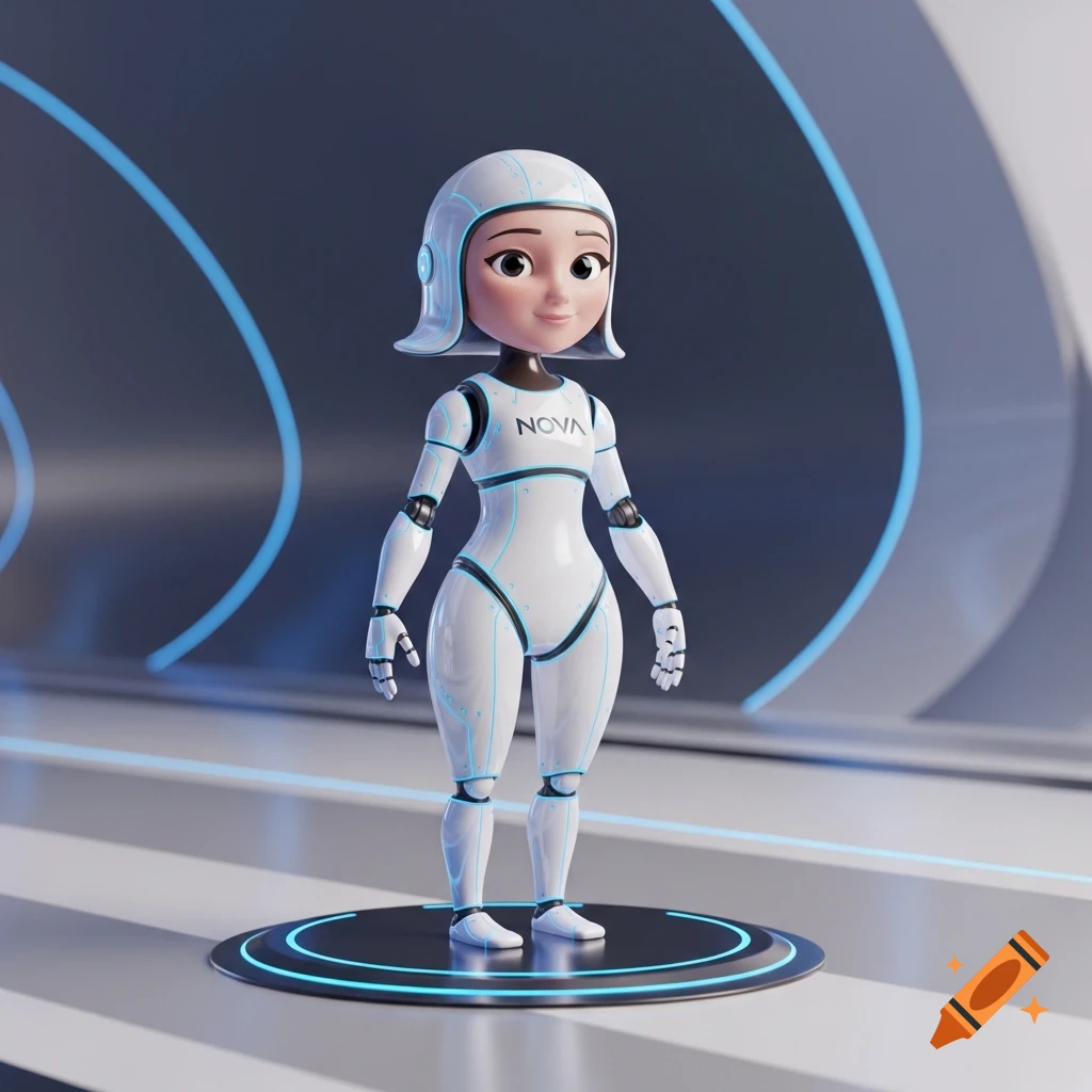 A Pixar-style 3D robot named Nova, with a white body, black joints, and blue circuit lines, stands on a futuristic platform.