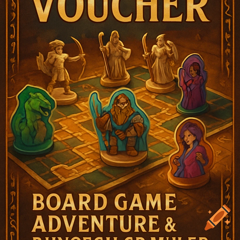 Fantasy board game voucher with sculpted and illustrated character tokens on a game board, featuring text "VOUCHER" and "BOARD GAME ADVENTURE & DUNGEON CRAWLER".