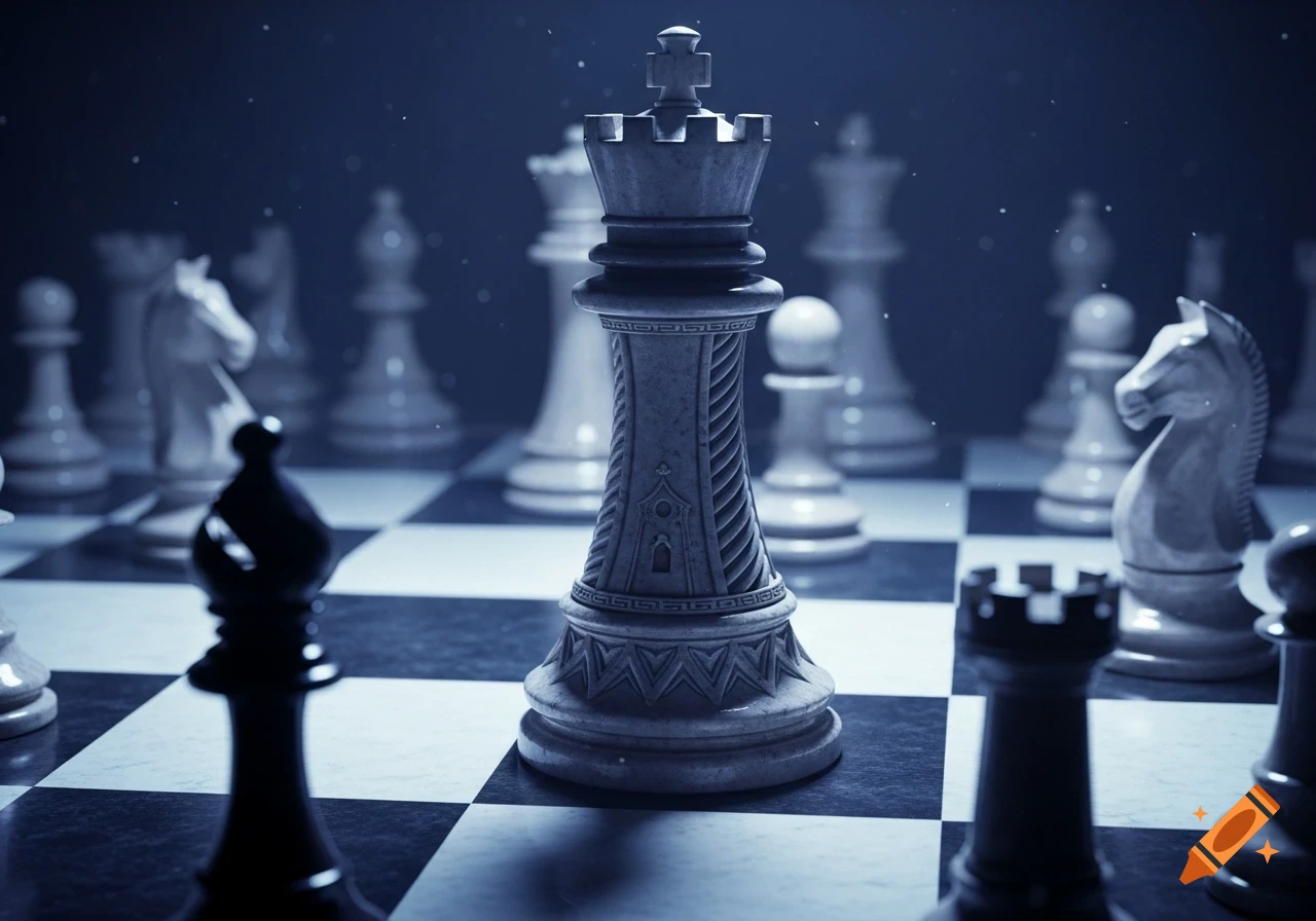 A detailed, cinematic close-up of a dark stone king chess piece on a chessboard, surrounded by other blurred white pieces, under dramatic blue lighting.