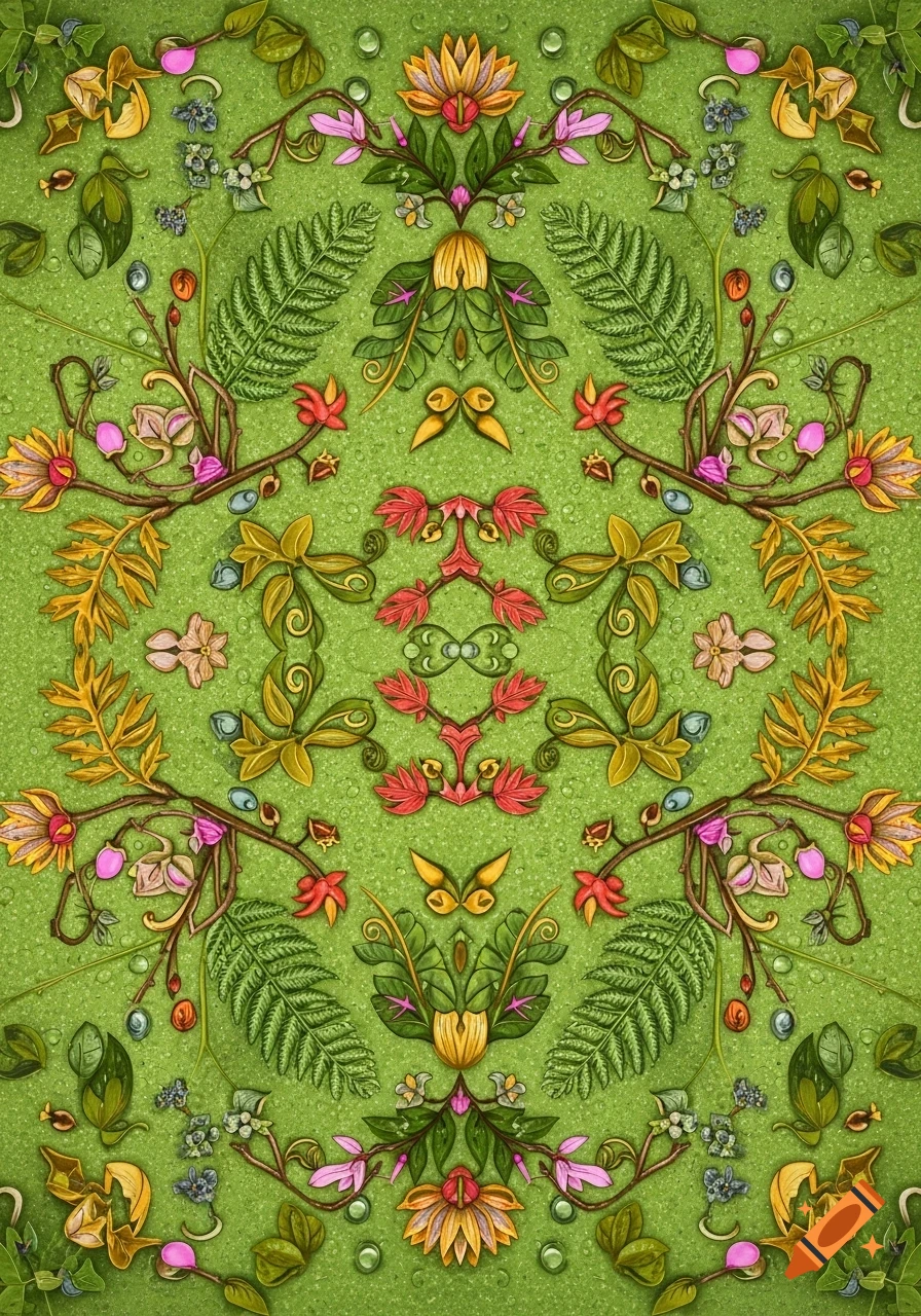 Symmetrical green pattern featuring intertwined vines, leaves, and various colorful flowers with dew drops.